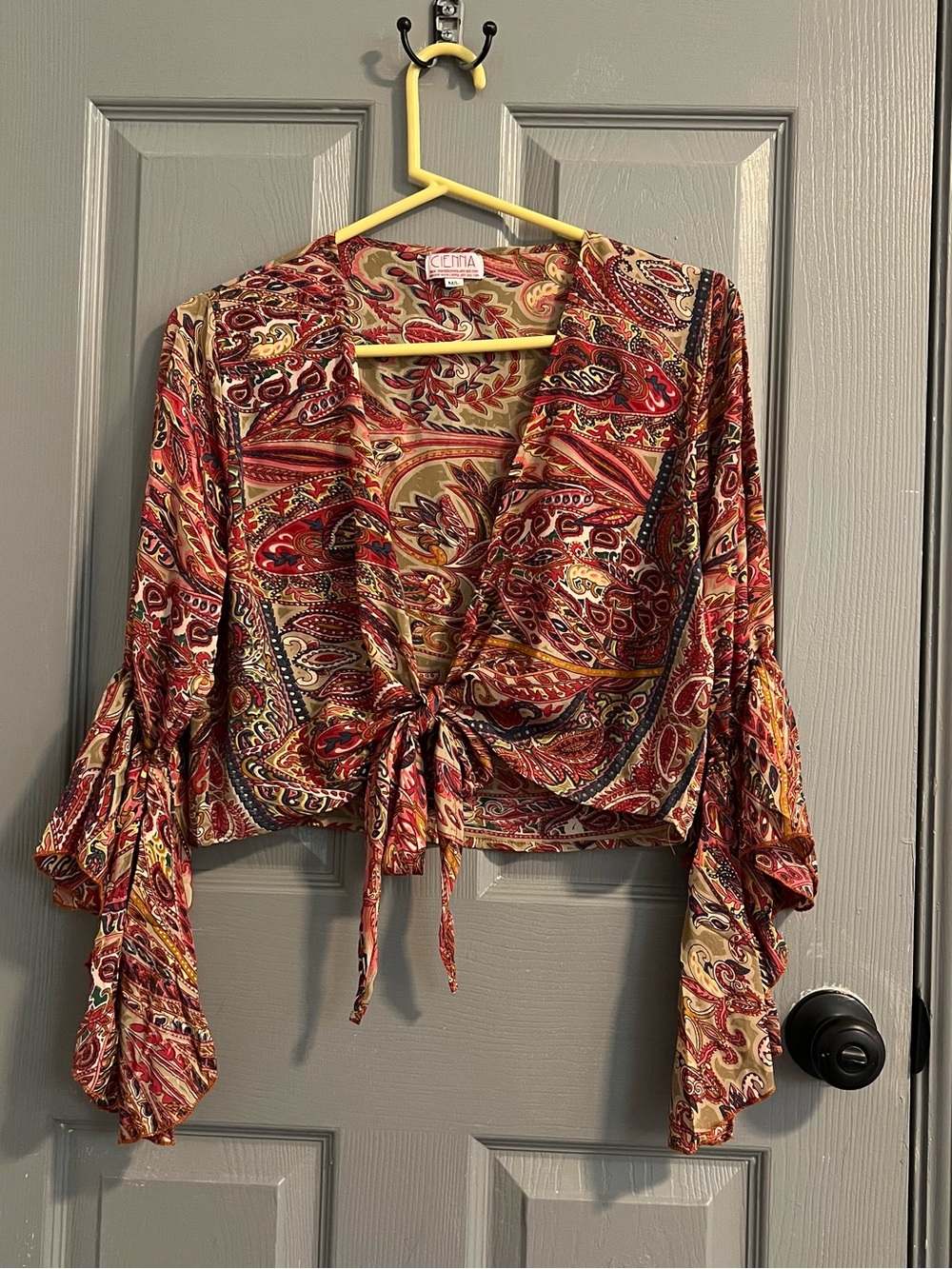 Cienna Tie-Front Paisley Crop Blouse Red Tan Pink Silk Boho Mermaid Sleeve Retro